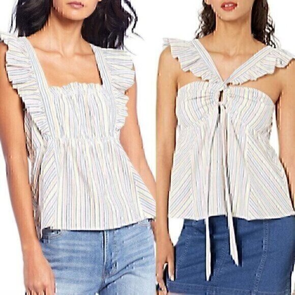 ELLA MOSS Carol Ruffle Cap Sleeve Square Neck Top White Pink Blue Convertible XS - Picture 1 of 12